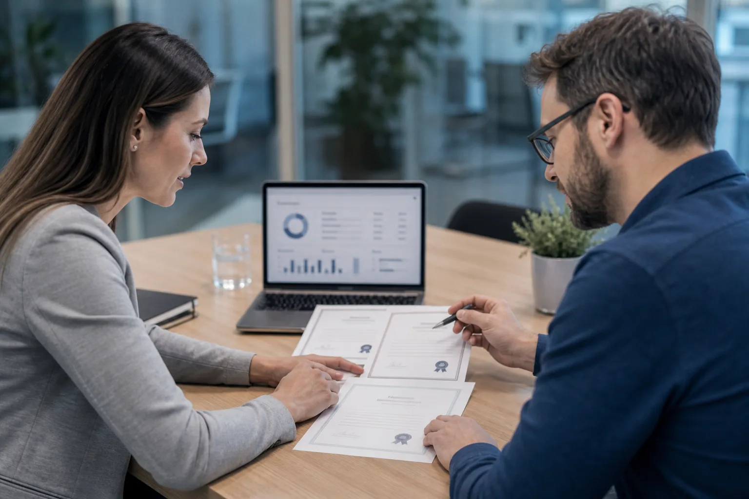 Team prüft eine KI-Roadmap und Compliance-Schritte auf einem Tablet.