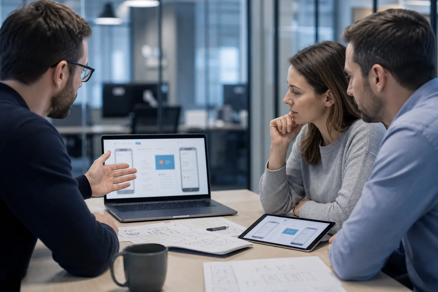 Mitarbeitende besprechen Sicherheitsrisiken in einem praxisnahen Awareness-Training.