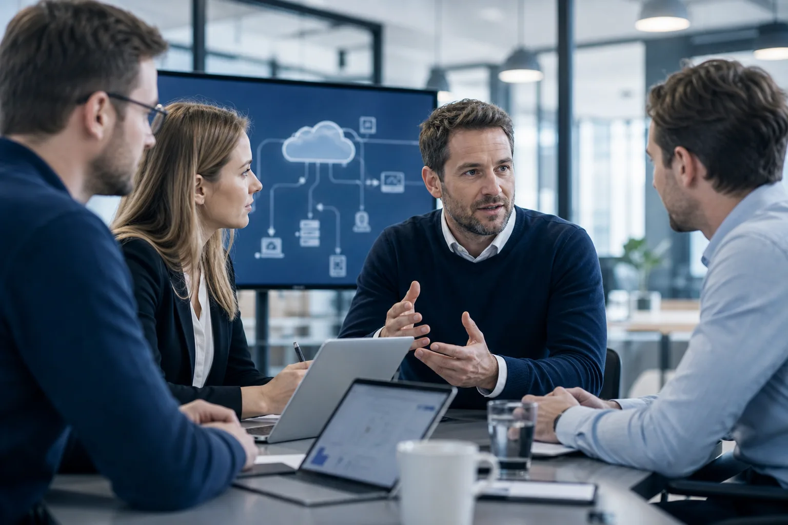 Dienstleistungsteam prüft Cloud-Prozesse an einem Dashboard mit einem IT-Berater.
