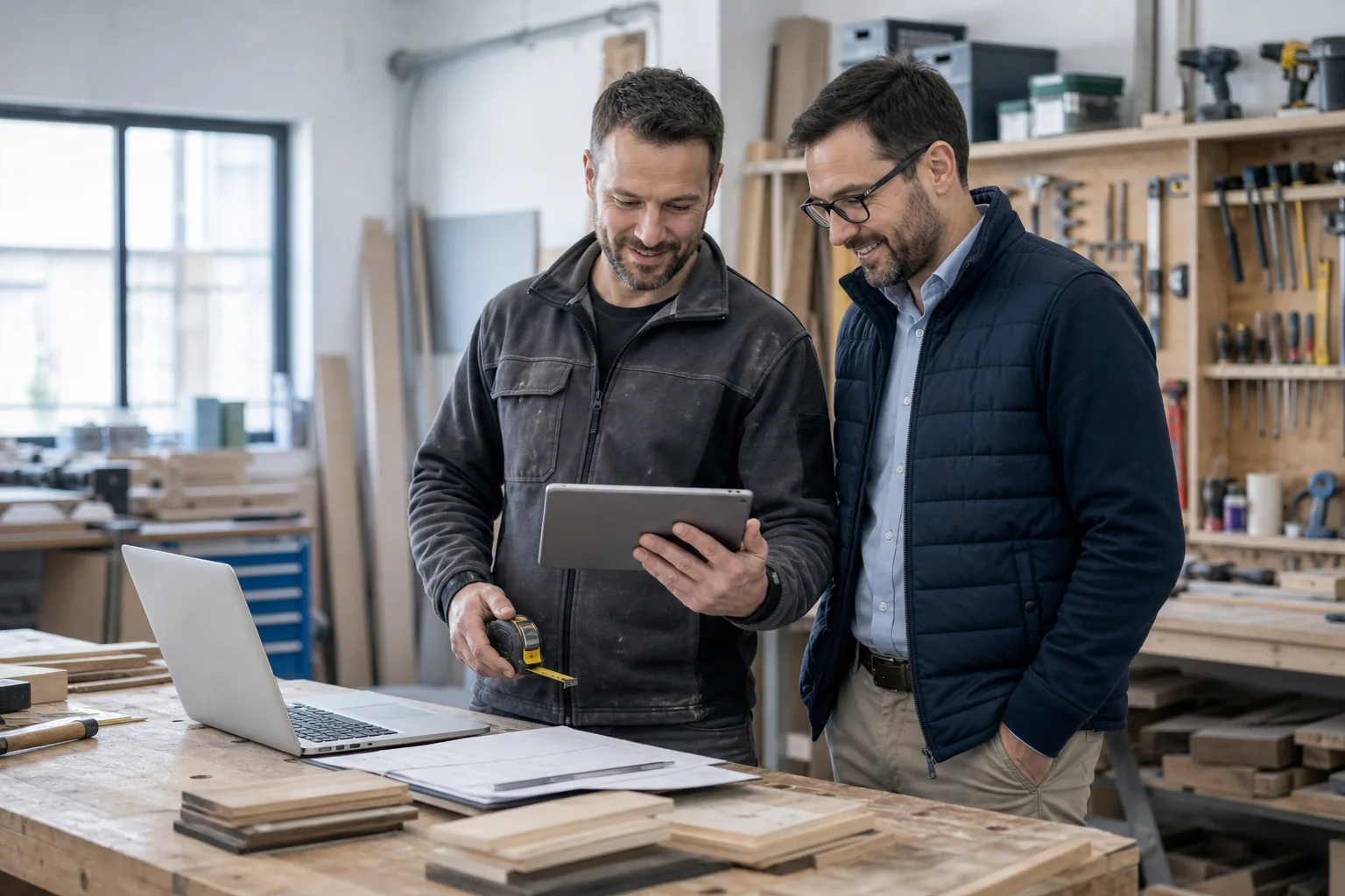 Handwerker und IT-Berater prüfen einen digitalen Einsatzplan auf einem Tablet.
