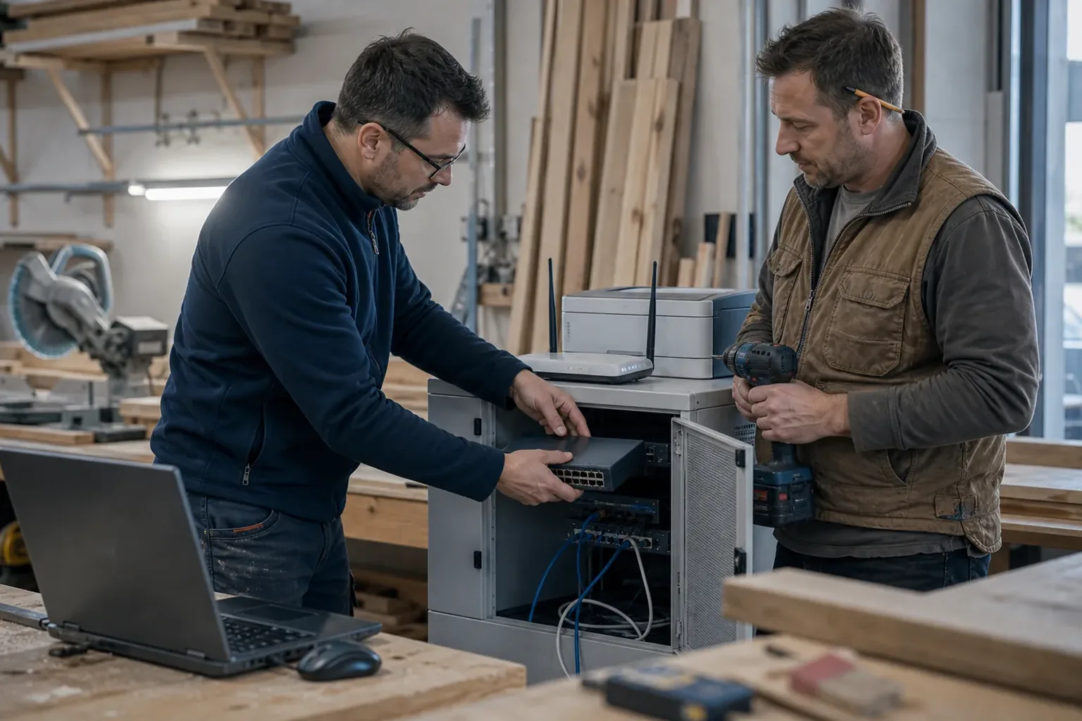 IT-Techniker tauscht Netzwerktechnik in einer Werkstatt aus, während ein Handwerker zusieht.
