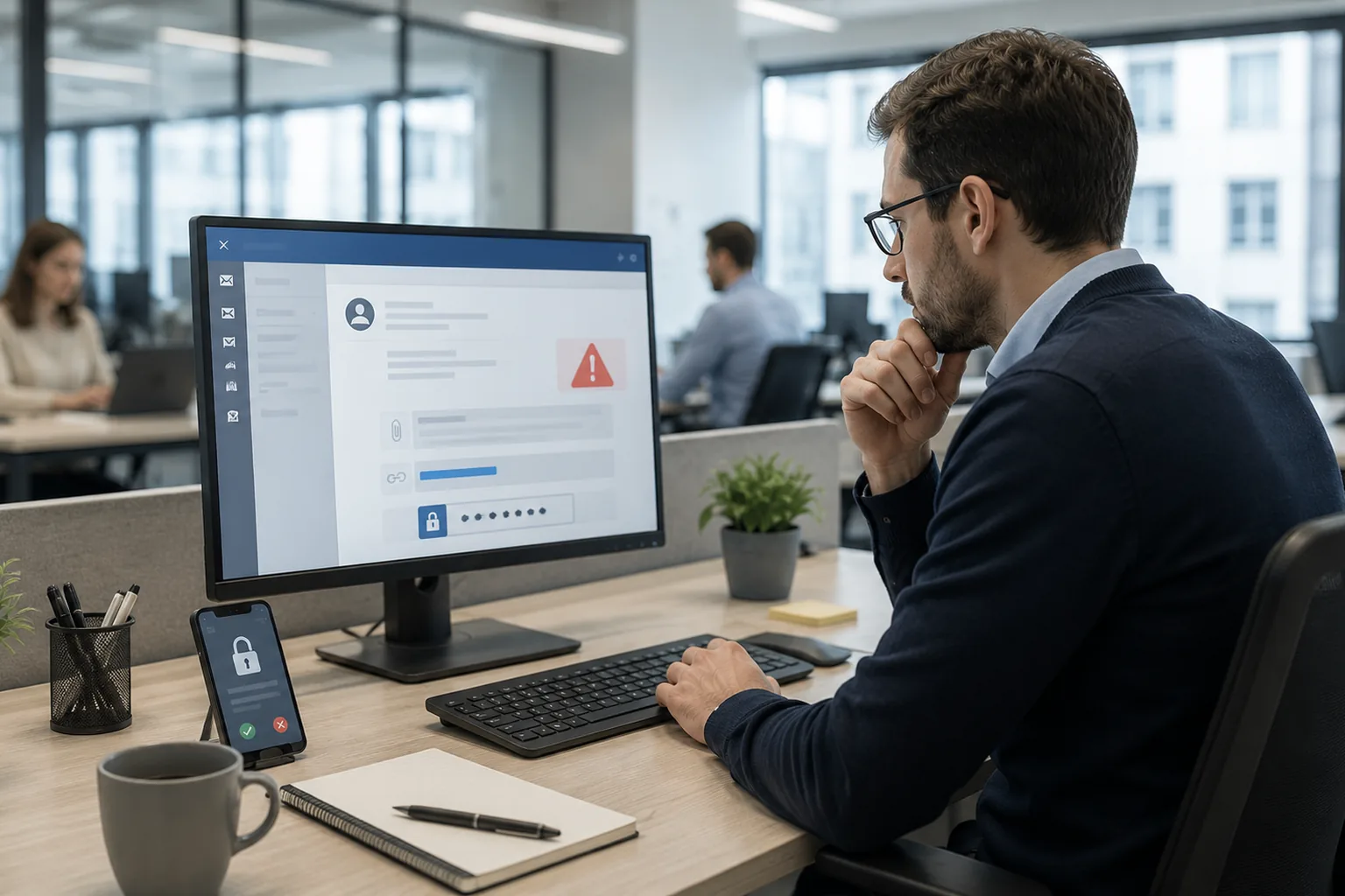 Mitarbeiter prüft eine verdaechtige E-Mail und Passwortwarnungen an seinem Arbeitsplatz.