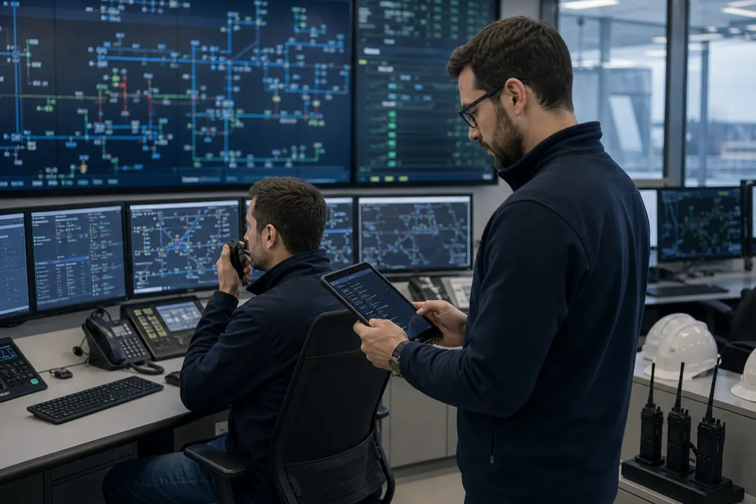 Leitstellenmitarbeiter und IT-Spezialist prüfen Funkkommunikation im Energiesektor.