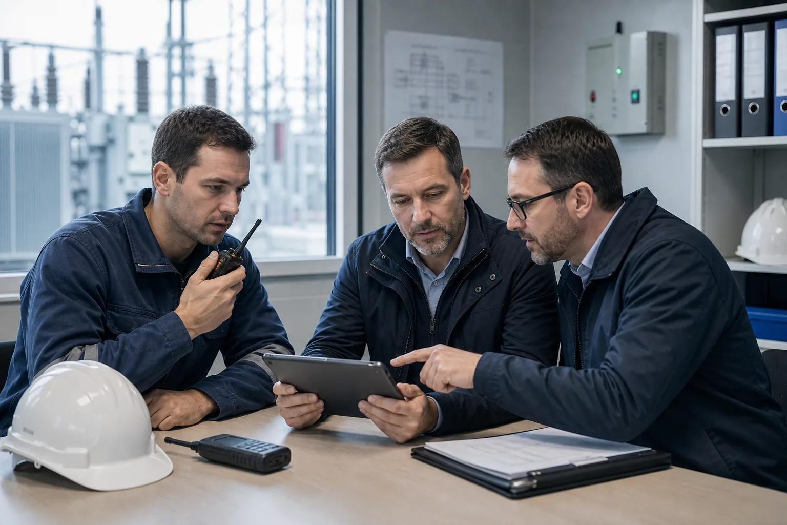 Techniker und IT-Berater prüfen Kommunikationstechnik in einer Betriebsumgebung.