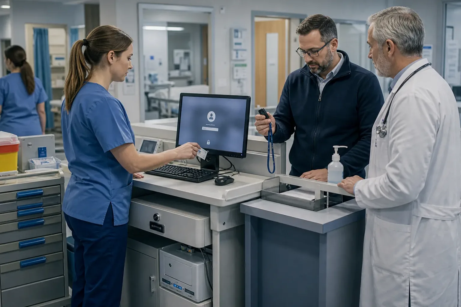 Praxispersonal nutzt sichere Anmeldung an einem Klinikarbeitsplatz mit Unterstützung eines IT-Spezialisten.