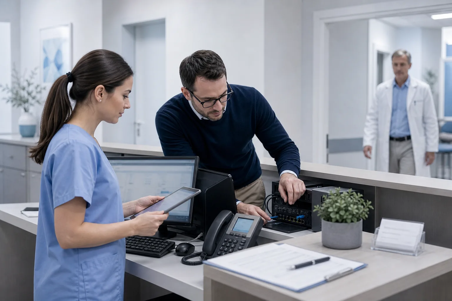 IT-Berater unterstützt eine medizinische Fachangestellte bei Praxissoftware.
