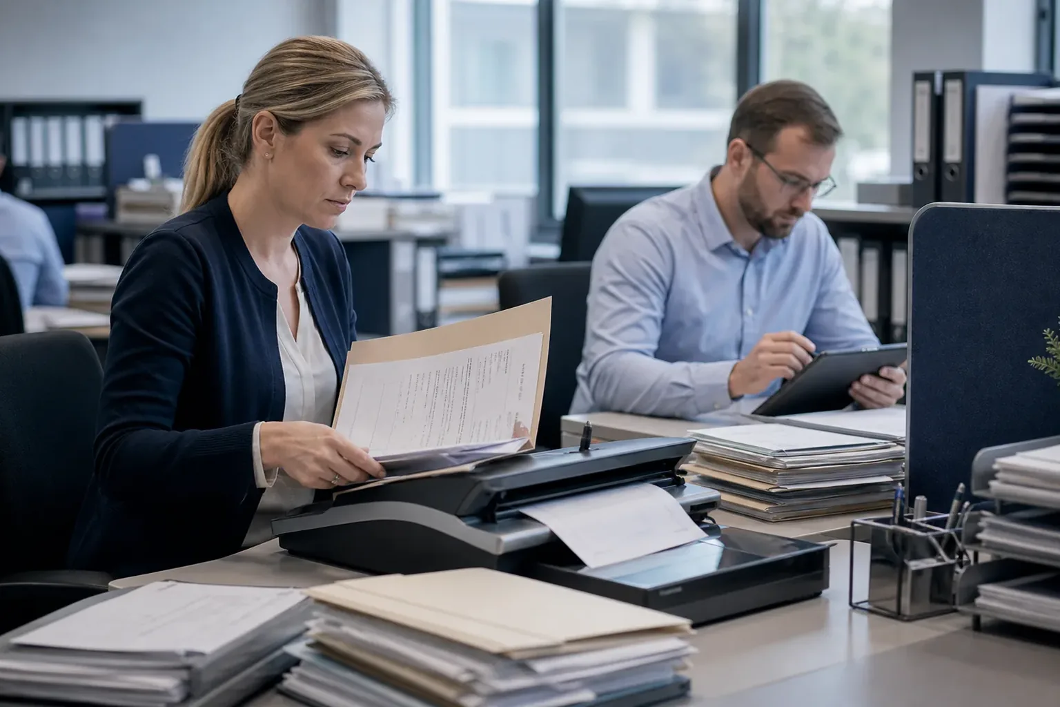 Versicherungsmitarbeiterin scannt Schadenakten und prüft einen digitalen Vorgang am Arbeitsplatz.