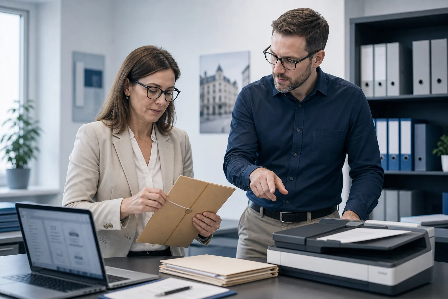 Versicherungsmitarbeiterin bespricht einen digitalen Aktenprozess mit einem IT-Berater.