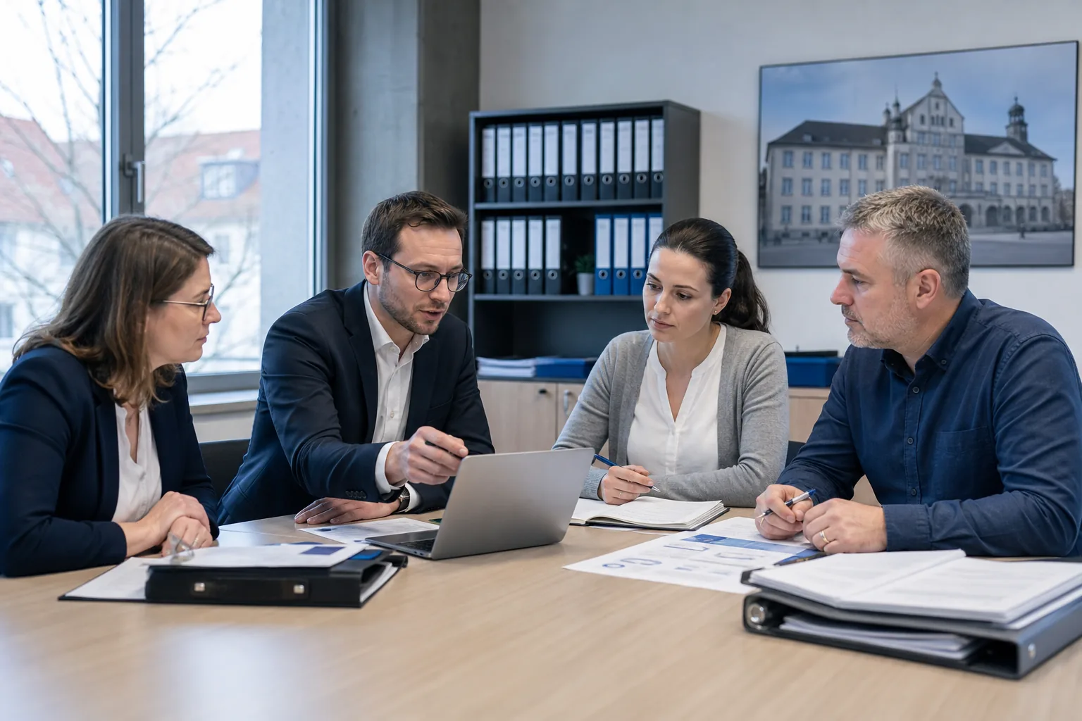 Versicherungsmitarbeitende prüfen Sicherheitsmaßnahmen für vertrauliche digitale Prozesse.
