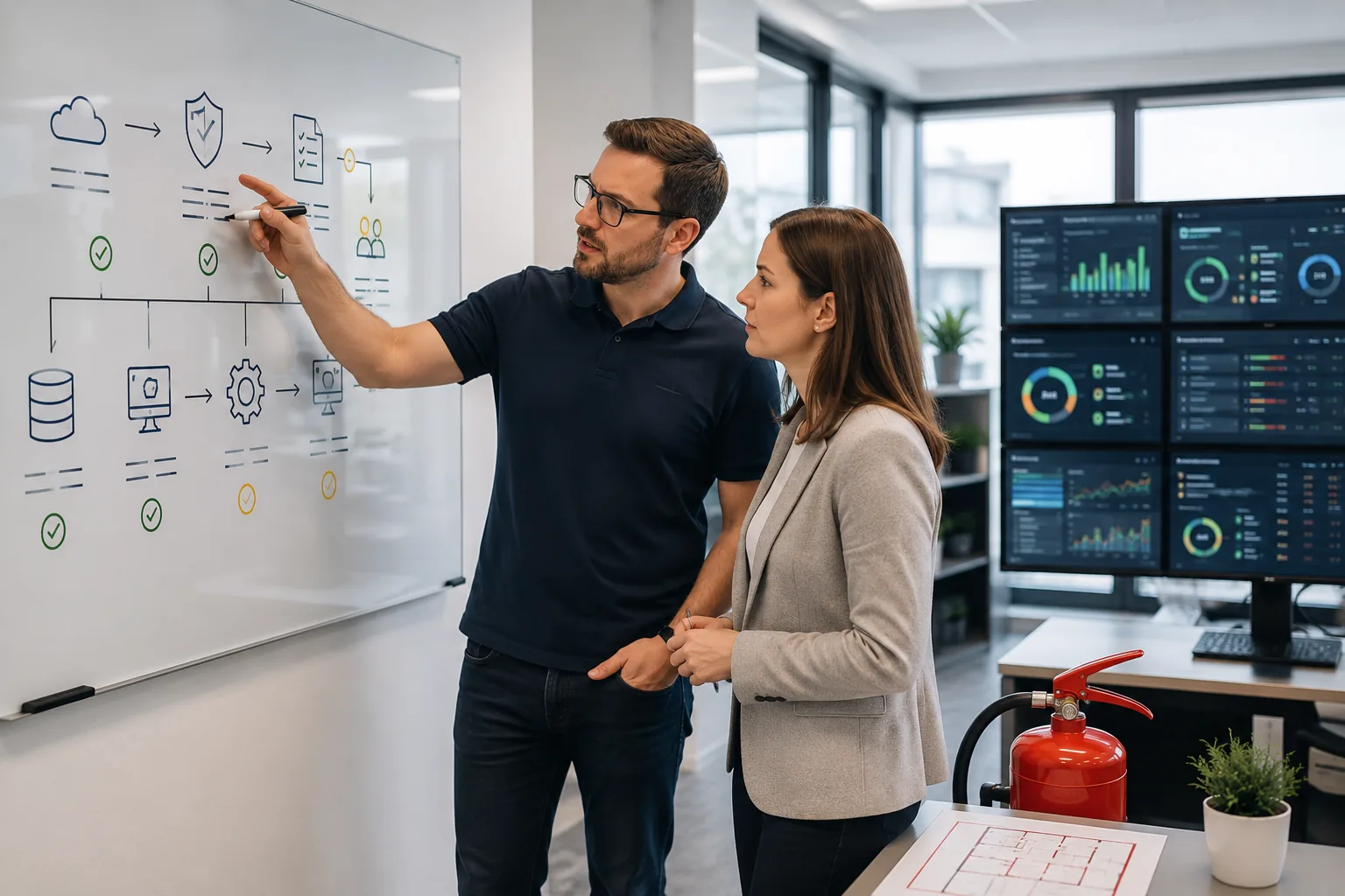 IT-Berater und Kundin planen Schutzmaßnahmen an einem Whiteboard, während Monitoring-Dashboards im Hintergrund laufen.