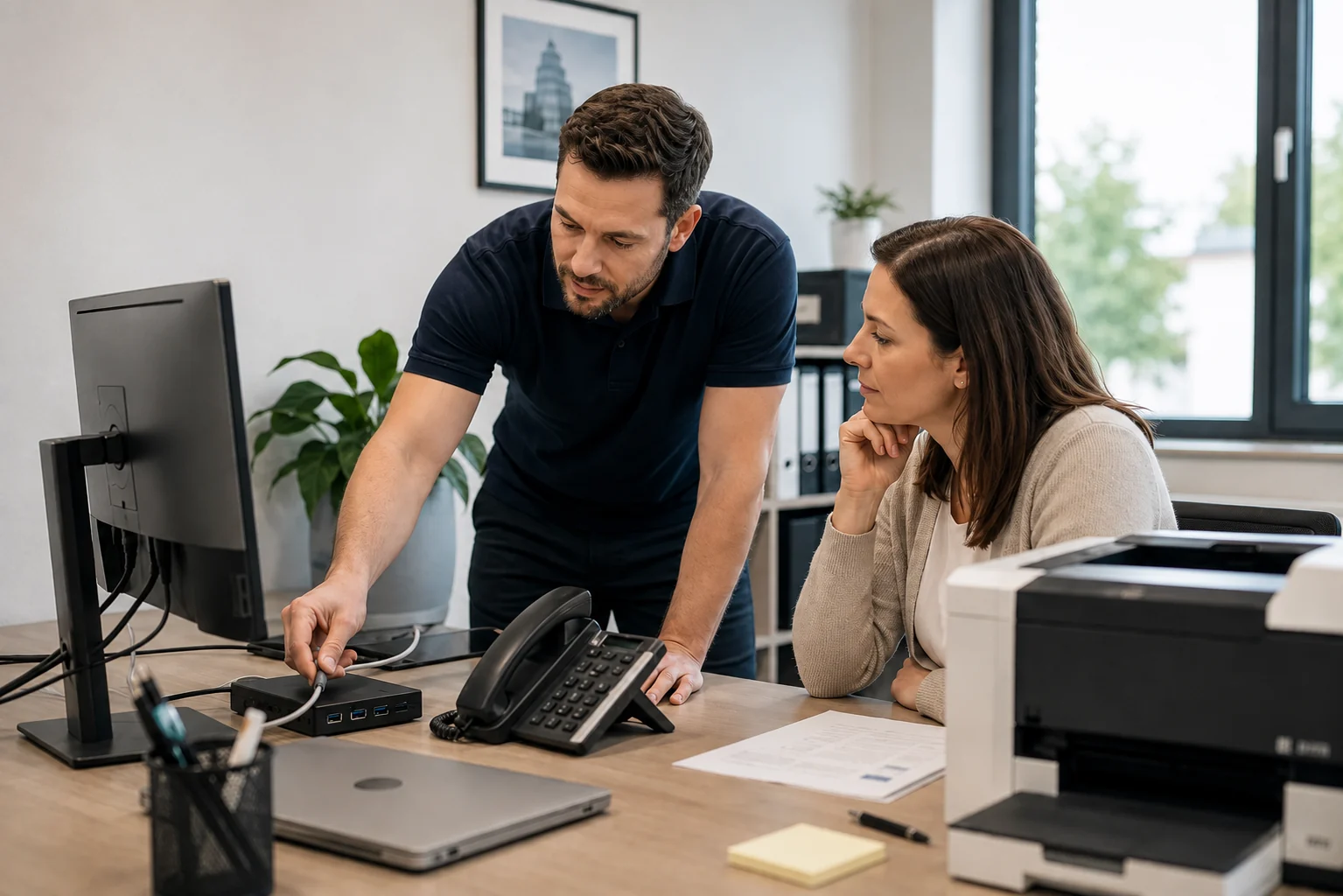IT-Techniker verbindet eine Dockingstation am Arbeitsplatz, während eine Kundin den Vor-Ort-Service begleitet.