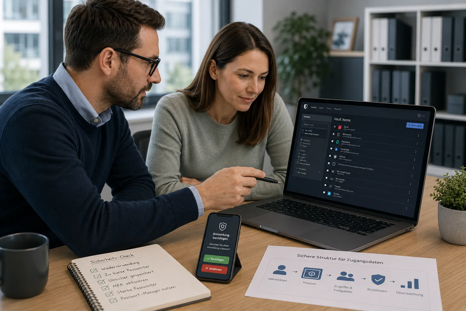 IT-Sicherheitsberater und Ansprechpartnerin pruefen Passwort-Tresore, Zugangsdaten und eine Zwei-Faktor-Bestaetigung an Laptop und Smartphone.