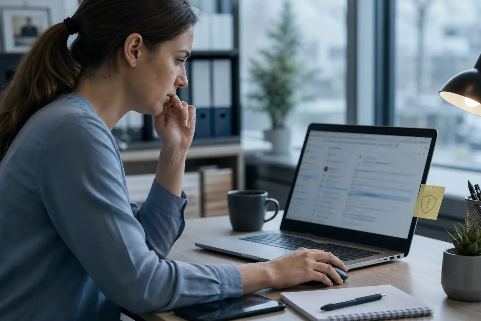 Mitarbeiterin erkennt eine verdächtige E-Mail am Arbeitsplatz und entscheidet über den nächsten Schritt.
