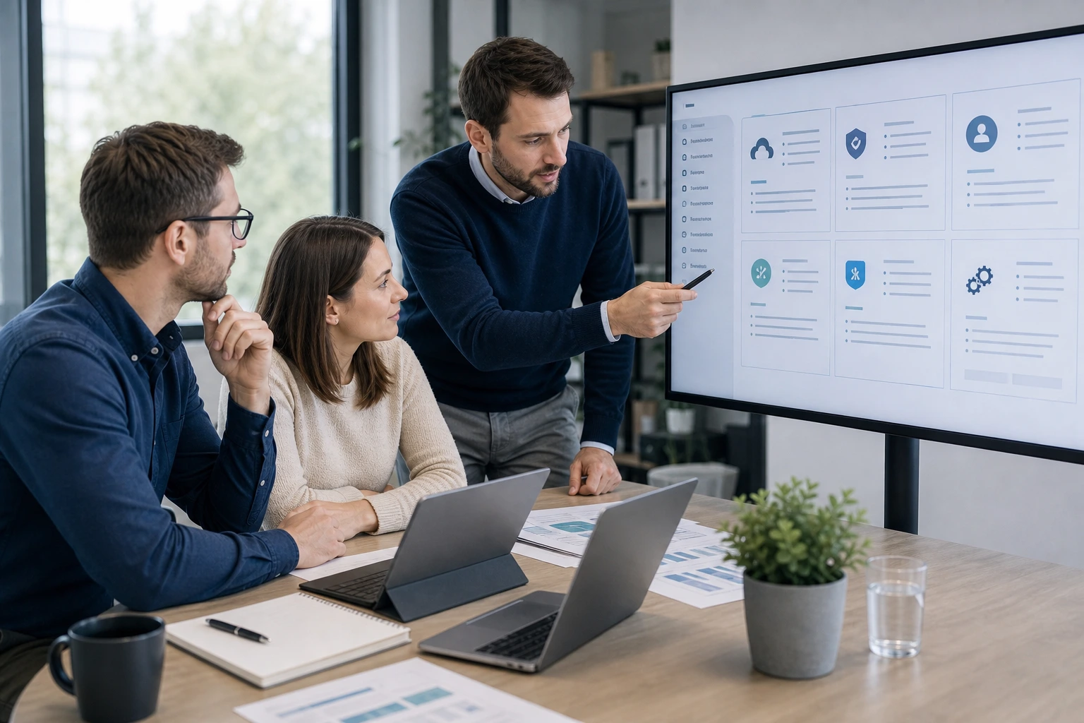 Team bespricht digitale Lösungen an einem Besprechungstisch mit Laptops.