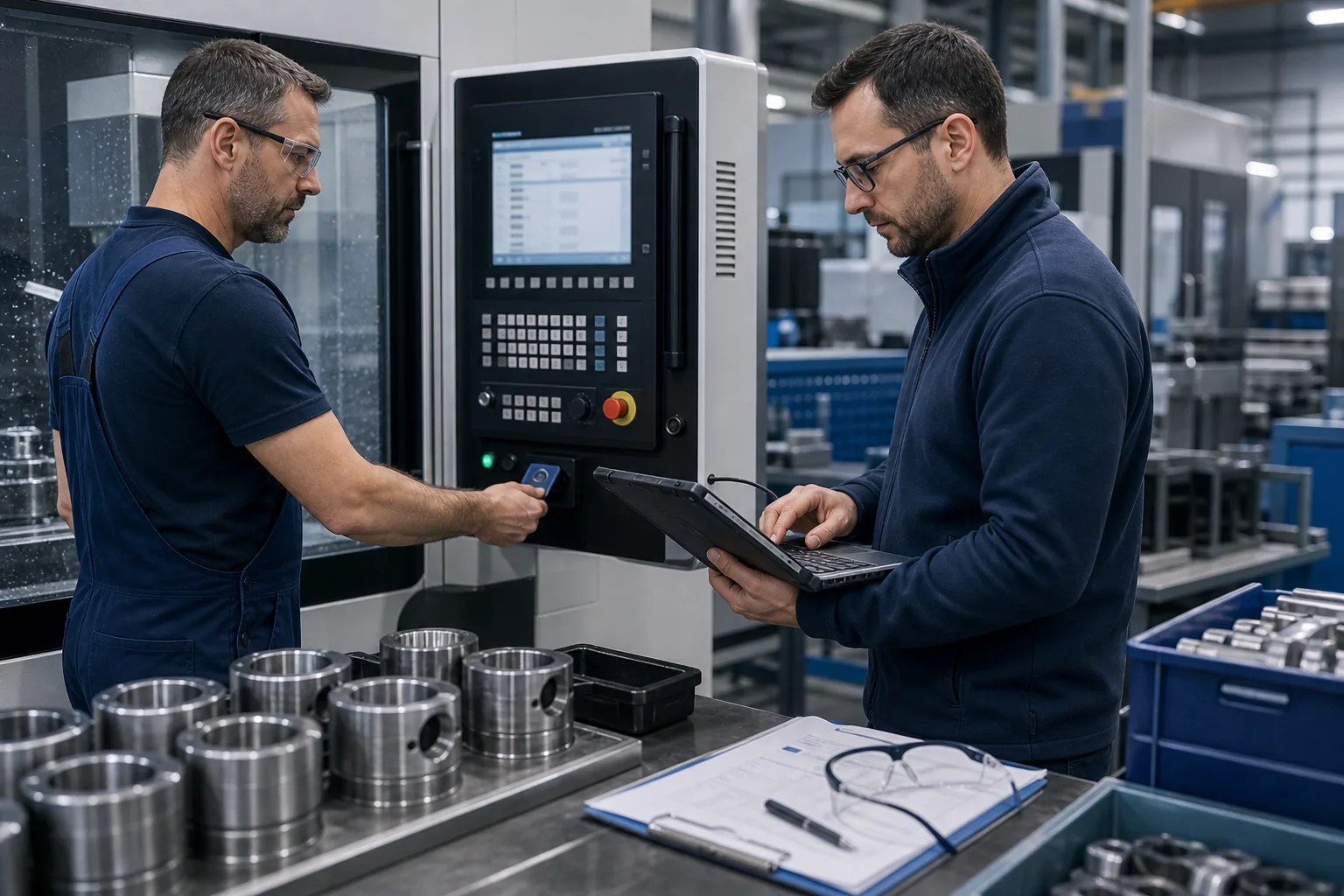 Produktionsmitarbeiter nutzt sichere Anmeldung an einem Maschinenterminal neben CNC-Anlagen.