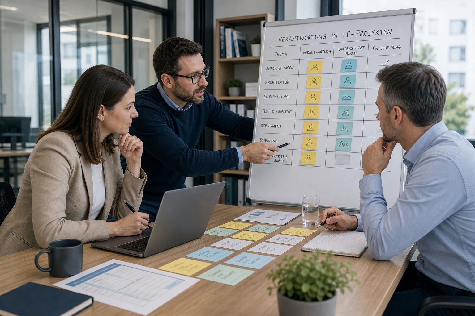 Berater und Kundenteam besprechen Anforderungen, Prioritäten und Verantwortlichkeiten an einem Whiteboard.