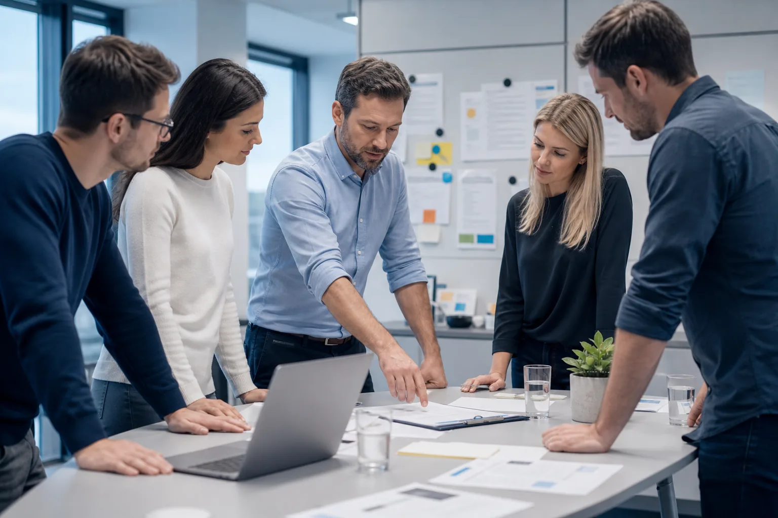 Team arbeitet gemeinsam an einer technischen Lösung an einem Projekttisch.