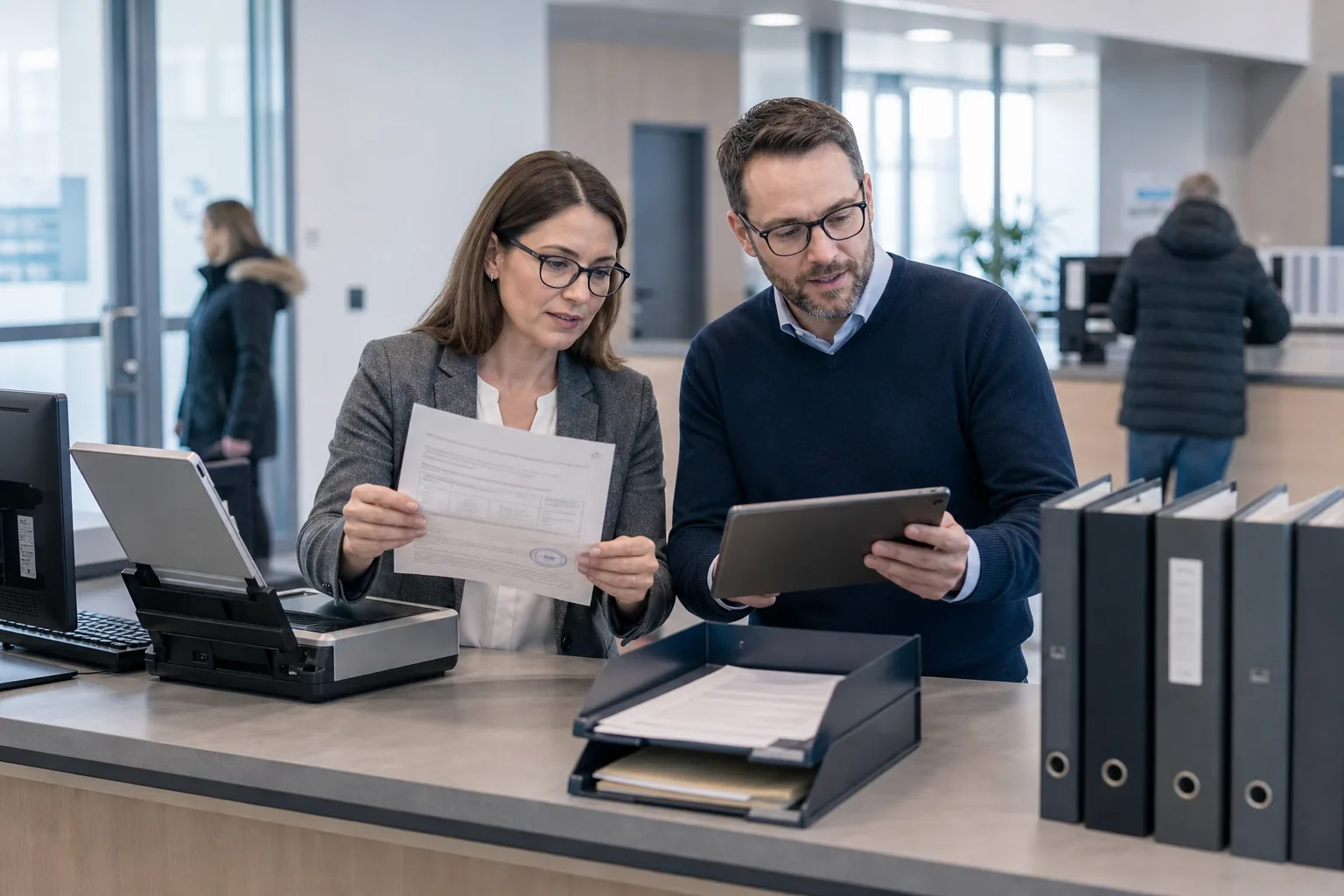 Verwaltungsmitarbeiterin verarbeitet Papierakten und digitale Formulare an einem Amtsarbeitsplatz.