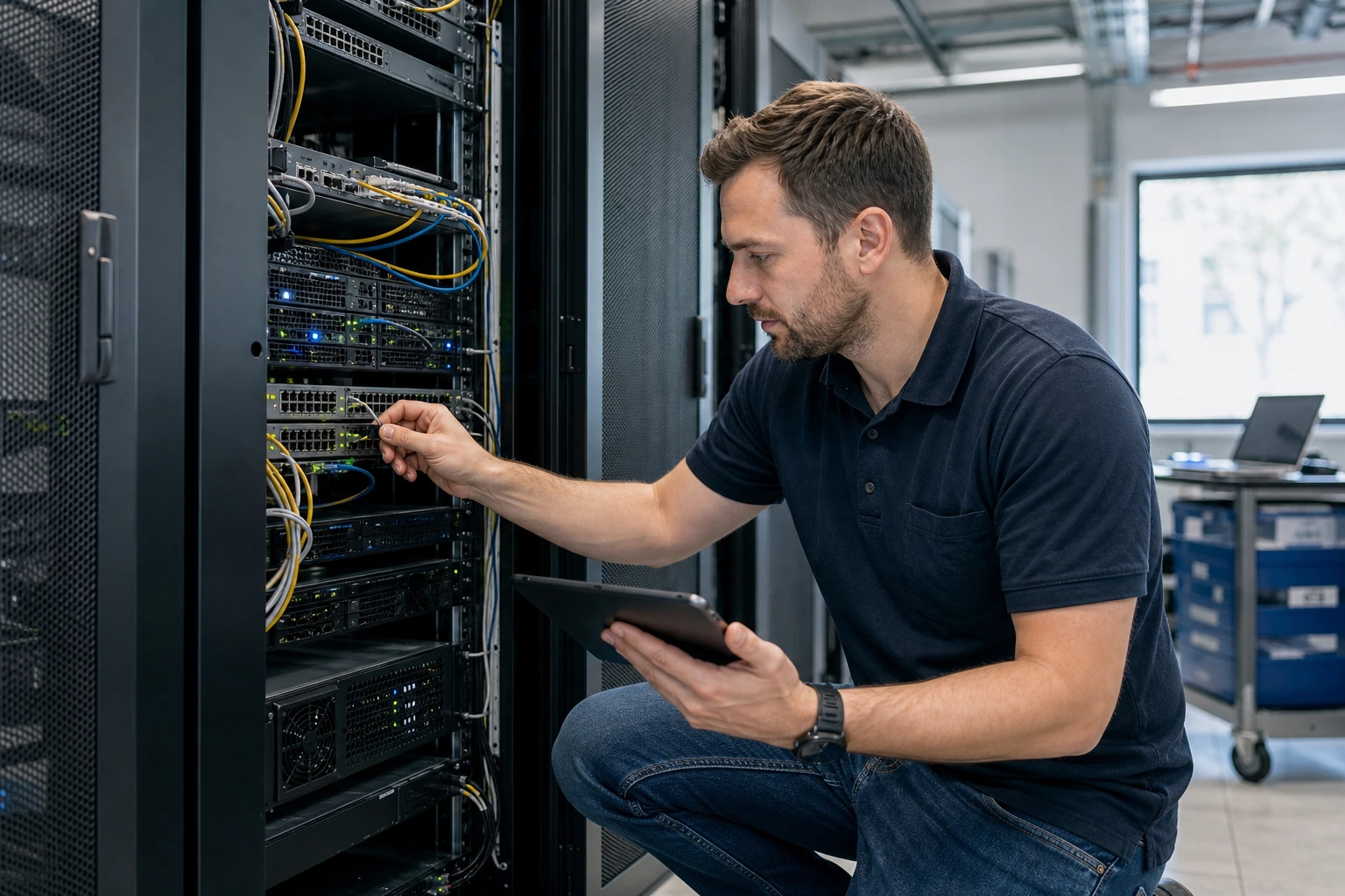 IT-Spezialist prüft betreibbare Systeme direkt an einem Serverschrank.