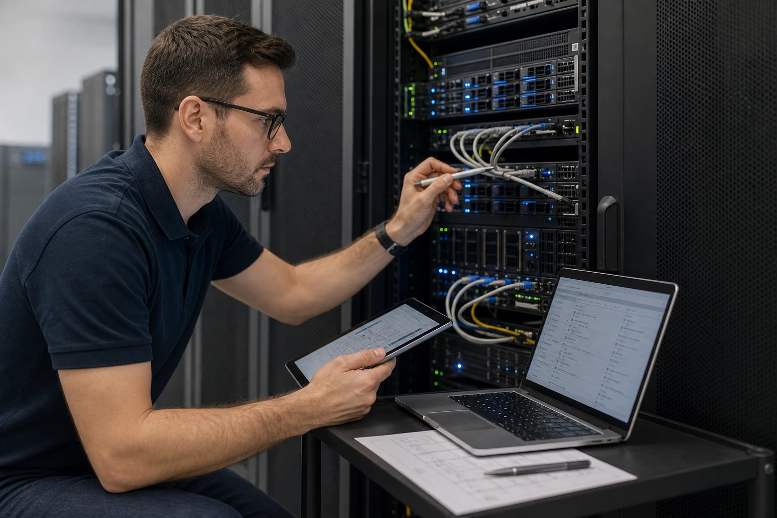 IT-Techniker dokumentiert technische Systeme direkt an einem Serverschrank.