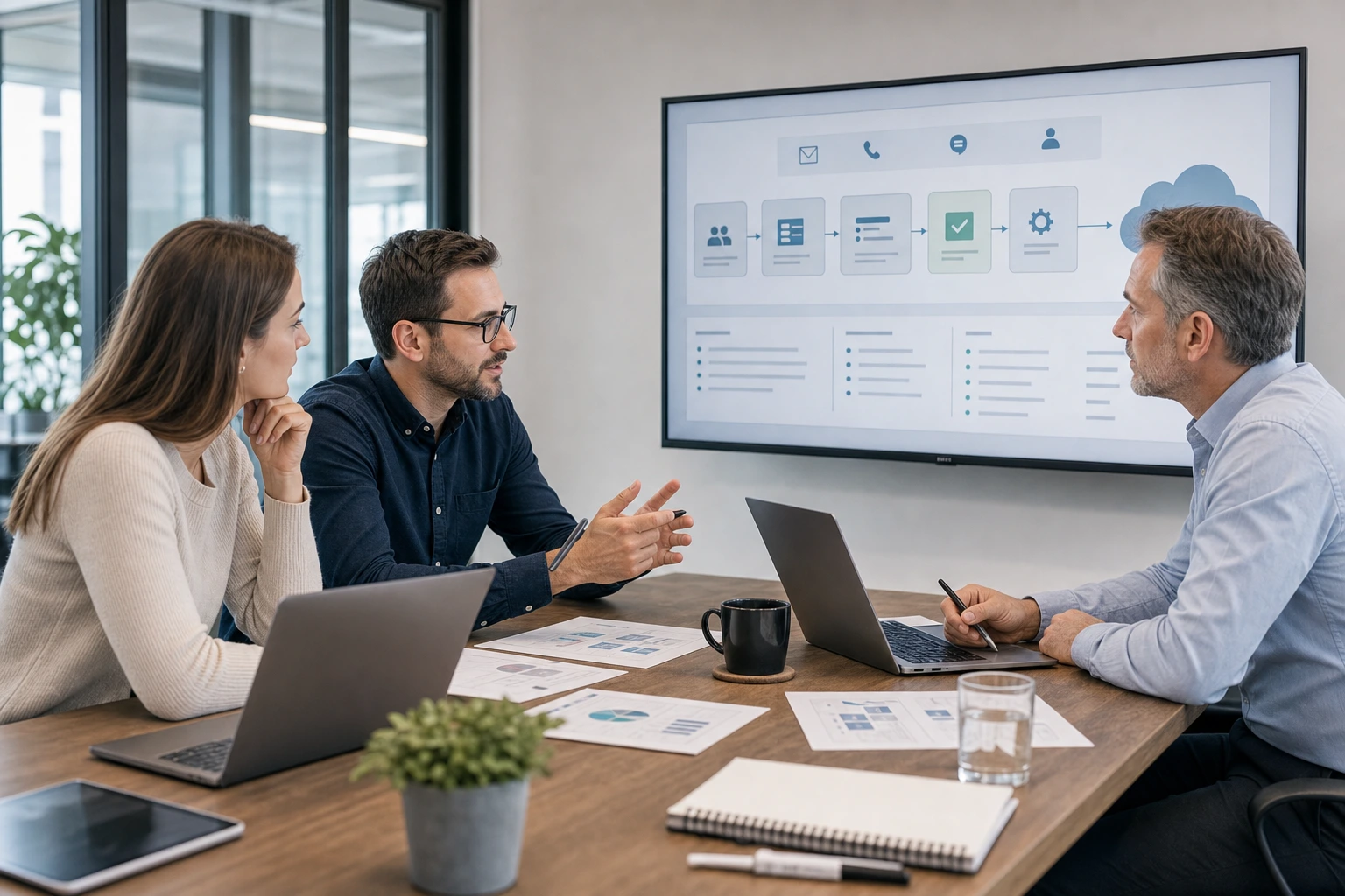 Dienstleistungsteam bespricht digitale Zusammenarbeit und Cloud-Prozesse.