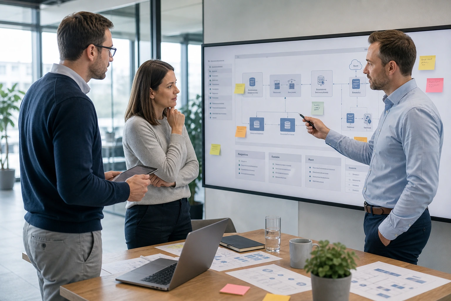 Team vergleicht Technologieoptionen und Partnerlösungen an einem Bildschirm.