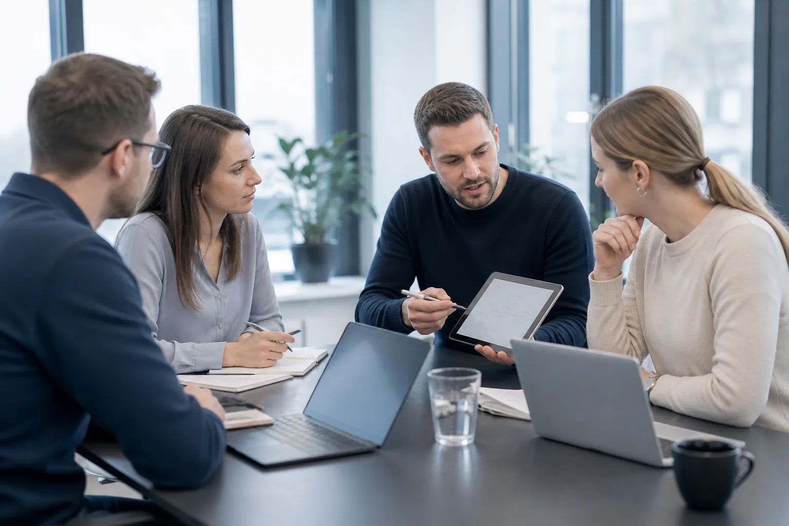 Team plant gemeinsam eine IT-Lösung an einem Besprechungstisch.