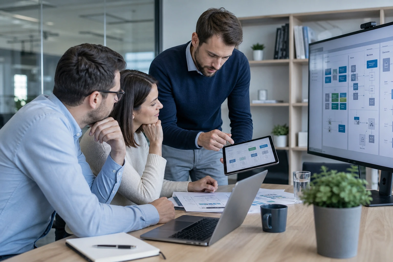 Team bewertet Technologieoptionen an Tablet und Architekturdiagramm.