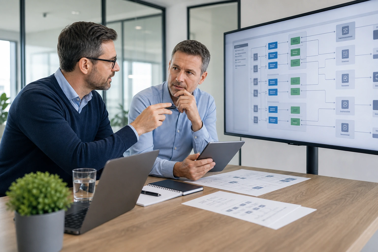 Berater und Kunde prüfen eine technische Systemarchitektur an einem großen Bildschirm.