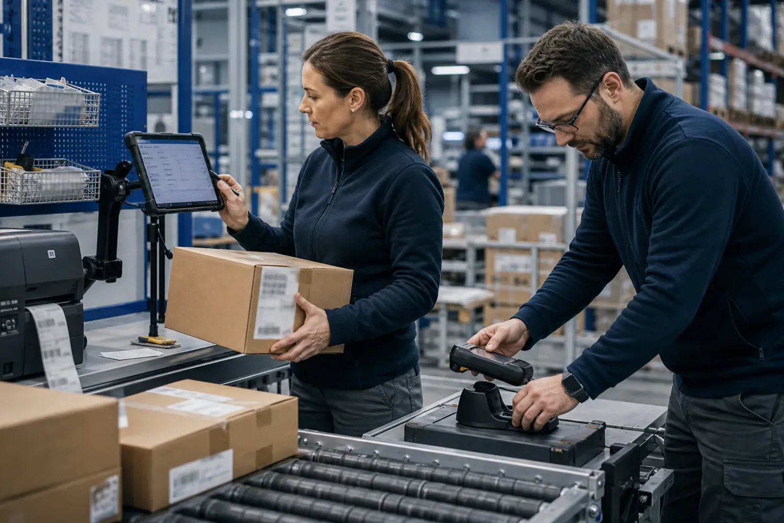 Großhandelsmitarbeiter prüft Scanner, Förderband und digitale Bestelldaten an einer Packstation.
